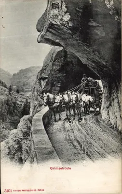 Bilhete postal antigo Grimselroute Caleche com cavalos