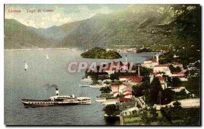 Campo - Lago di Como — vue du lac avec un vapeur et une île, éditeur non visible