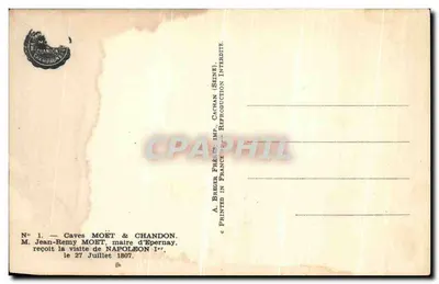 Napoléon Ier — visite aux caves Moët & Chandon — éditeur A. Breger Frères, Imp. Chandon (Seine) — Achterkant