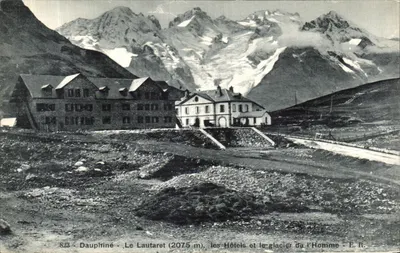 O Lautaret (2075 m) - os hotéis e o glaciar do Homme - E.R.