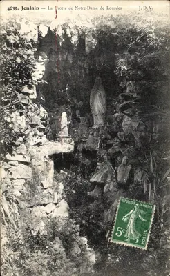 Bilhete postal antigo Jenlain A Gruta de Nossa Senhora de Lourdes