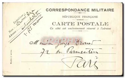 Karta korespondencyjna wojskowa Dunkerque do Georges Drouet 72 Rue Parmentier Paris — Rewers