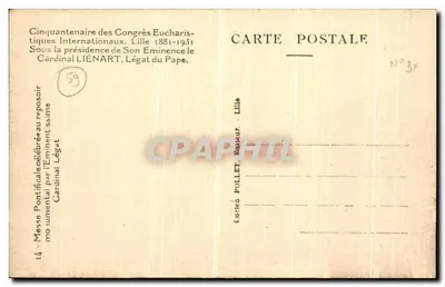 Cinquentenário dos Congressos Eucharísticos Internacionais — Lille 1881-1931 — Missa Pontifical no repouso — Editor Pollet, Lille — Verso