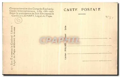 Cinquentenário dos Congressos Eucarísticos Internacionais — Lille — Sob a presidência de Sua Eminência o Cardeal Liénart, Legado do Papa — Verso