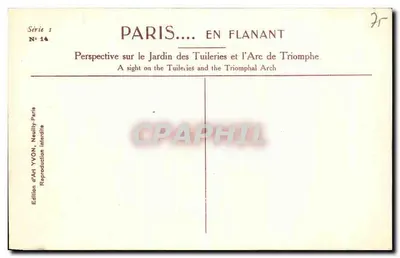 Paris... em Passeio — Perspectiva sobre o Jardim das Tuileries e o Arco do Triunfo — Edição de Arte YVON, Série 1, N° 14 — Verso