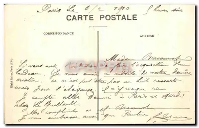 Inundación en Javel — El fiacre de los habitantes de la rue de Javel — Enero 1910 — Editor: G. Hélie, París (N° ?) — Reverso
