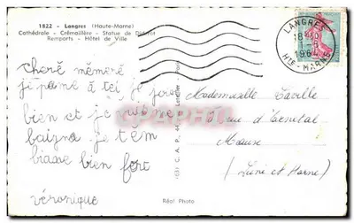 Langres — widok panoramiczny z statuą Diderota, katedrą, murami i tramwajem — Cap — Rewers