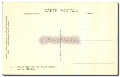 Nancy — Wewnętrzna fasada Pałacu Ducznego, wieża zegarowa — Muzeum Historyczne Loreny — Rewers