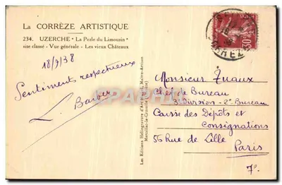 Bilhete postal antigo Uzerche La Perle du Limousin Visão Geral Os velhos castelos — Verso