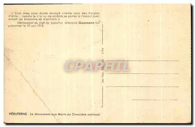Bilhete postal antigo Hebuterne O Monumento aos Mortos do Cemitério Nacional Militaria — Verso