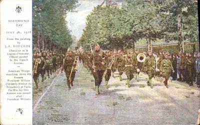 Troupes américaines — Parade sur l'Avenue Wilson à Paris — Peinture de J.-F. Bouchor