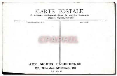 Paryż — Fontanna Carpeaux w parku Luxembourg — wydawca Aux Modes Parisiennes, 22 rue des Minimes, Le Mans — Rewers