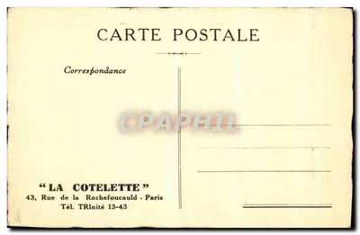 Stara pocztówka Restauracja Rue de La Rochefoucauld, Paryż, La Cotelette — Rewers