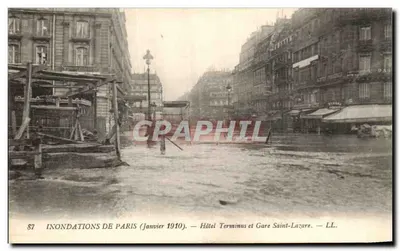 Inundações de Paris (Janeiro 1910) — Hotel Terminus e Estação Saint-Lazare — LL.