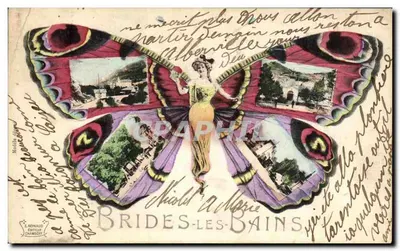 Brides-les-Bains — mulher com vestido amarelo em cima de um grande borboleta — editor E. Reynaud, Chambéry