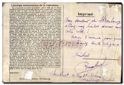 Astronomiczny zegar katedralny — Strasbourg — Wydrukowany przez Félix Léon, wydawca, Strasbourg — Rewers