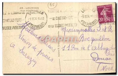 Lourdes — Vista geral tirada do castelo-forte — Edição E. Quinault, n°65 — Verso