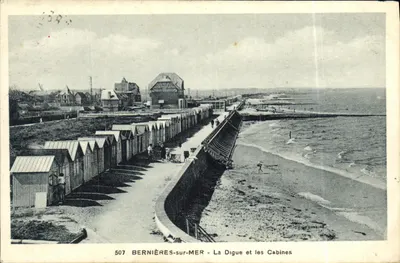 Bernières-sur-Mer — A Digue e as Cabines — editor H. C. Huet, n° 507