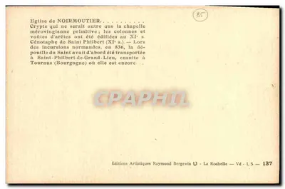 Cripta da igreja de Noirmoutier — Cripta merovíngia primitiva — Edições Artísticas Raymond Bergevin, La Rochelle — Verso