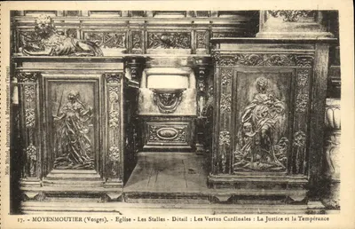 Moyenmoutier (Vosges) - Igreja Les Stalles - Detalhe: As Virtudes Cardinais: A Justiça e a Temperança