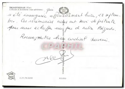 Bilhete postal moderno Draguignan — A escola de artilharia — Vista aérea Militaria — Verso
