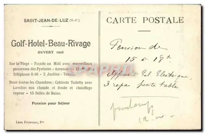 Golf-Hotel-Beau-Rivage — St-Jean-de-Luz — Léon Fourneau, Pr° — Verso