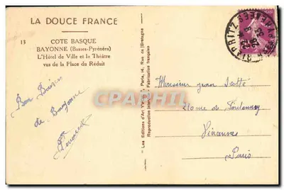 Bayonne — L'Hôtel de Ville et le Théâtre vus de la Place du Réduit — Les Éditions d'Art Yvon, n°13 — Verso