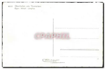 Zamek Oberhofen — widok na jezioro Thoune i Alpy — wydawca Thor-E. Geyer — Rewers