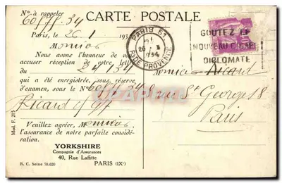 Siedziba Spółki Ubezpieczeniowej Yorkshire w Paryżu — 40, Rue Laffitte — wydawca nieznany, numer seryjny nie widoczny — Rewers