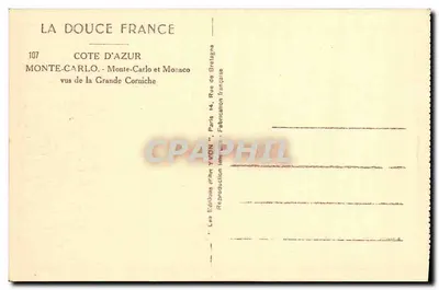 Monte-Carlo i Monako — widok z Grande Corniche — Wydawnictwo Sztuki YVON, Paryż — Rewers