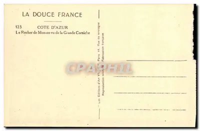 Le Rocher de Monaco vu de la Grande Corniche — éditeur Les Éditions d'Art YVON, n°123 — Verso