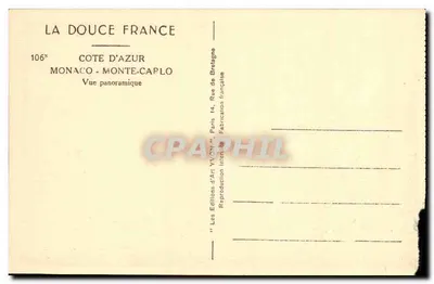 Stara pocztówka Cote D Azur Monte Carlo Widok panoramiczny — Rewers
