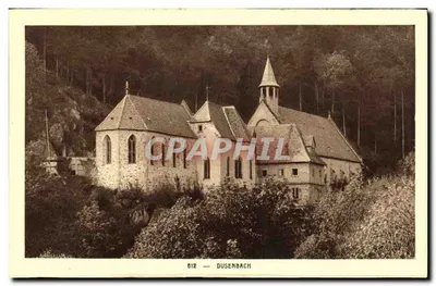 Igreja de Dusenbach — vista do edifício de pedra no meio de uma floresta — editor J. Bauch, Ribeauvillé, n° 612