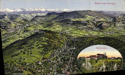 Relevo do vale do Birsigtal — vista aérea do vale da Birsig com o castelo de Mariastein — G. M. Basel