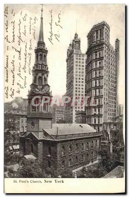 Igreja de St. Paul, Nova Iorque — vista urbana com arranha-céus — Imprimerie Post Card Co. N° 0395