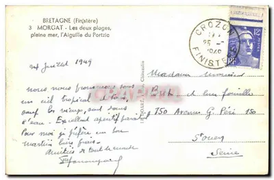 Morgat — dwie plaże, pełne morze, Aiguille du Portzic — H. DOARE, litografia, Châteaulin — Rewers