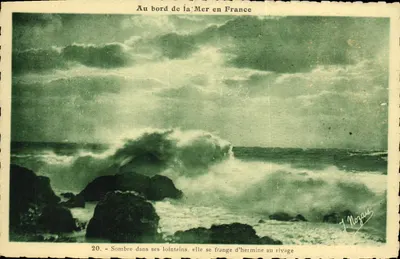 Waves breaking on rocks — By the Sea in France — J. Nozais
