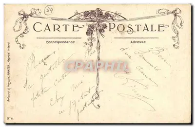 Amitiés de Nantes — paisagem fluvial com flores e borboleta — editor Anjaud & Noguais, N°6 — Verso