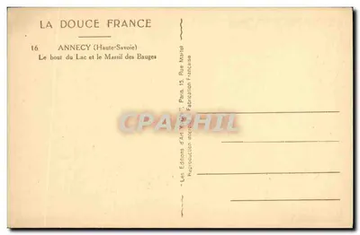 Koniec jeziora i masiw Bauges — Annecy (Haute-Savoie) — Wydawnictwo Art Vigny, Paryż — Rewers