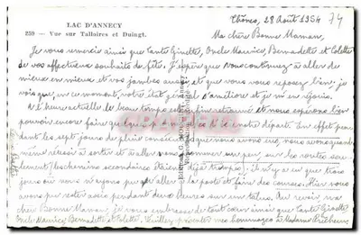 Lago de Annecy — Vista sobre Talloires e Duingt — Editor G. Patois, n° 259 — Verso