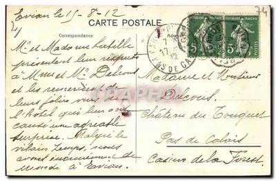 Hôtel Touring - Evian-les-Bains — widok hotelu z górami i jeziorem — wydawca Labille, numer serii nieczytelny — Rewers