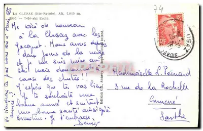 La Clusaz (Haute-Savoie) — widok teleksy z narciarzami — Wydawnictwo G.P.L., Annecy, nr 2993 — Rewers