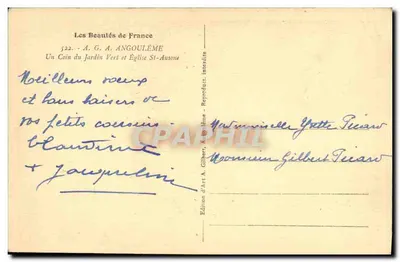 Jardin Vert i Kościół Świętego Ausone — Les Beautés de France, n° 522 — Édition d'Art A. Gilbert, Angoulême — Rewers