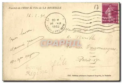 Poręcze Hotele Miasta La Rochelle — wydawca Raymond Bergavin, nr 8747 — Rewers
