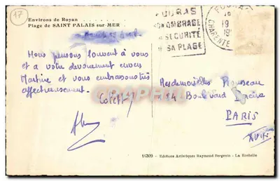 Plage de Saint-Palais-sur-Mer — Environs de Royan — Éditions Artistiques Raymond Bergevin — Verso