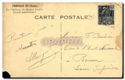 Joinville (Haut-Marne) — O Castelo do Grand Jardin, fachada posterior — Carte postale n°52, editada por Jeanne-Marc — Verso