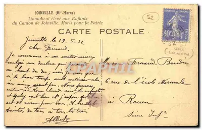 Monumento erguido aos Filhos do Departamento de Joinville — Joinville (Hauts-de-Marne) — Carte postale Bilhete postal antigo — Verso