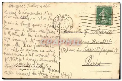 A Paixão em Nancy — Ao pé da Cruz — Imprimeries Réunies de Nancy (Série 59) — Verso