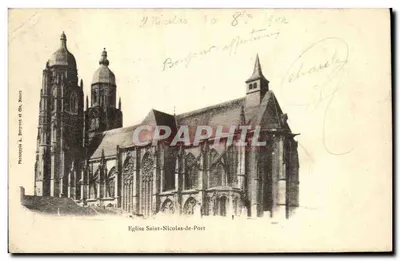 Église Saint-Nicolas-de-Port — vue de l'édifice gothique avec ses deux tours à dômes — Phototypie A. Bergeret et Cie, Nancy