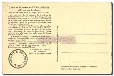 Kloster Ossuaire w Douaumont — Groby 52 sektorów — Wydawca: Héliogravure Imprimeries d'Alvéoles de Douaumont — Rewers